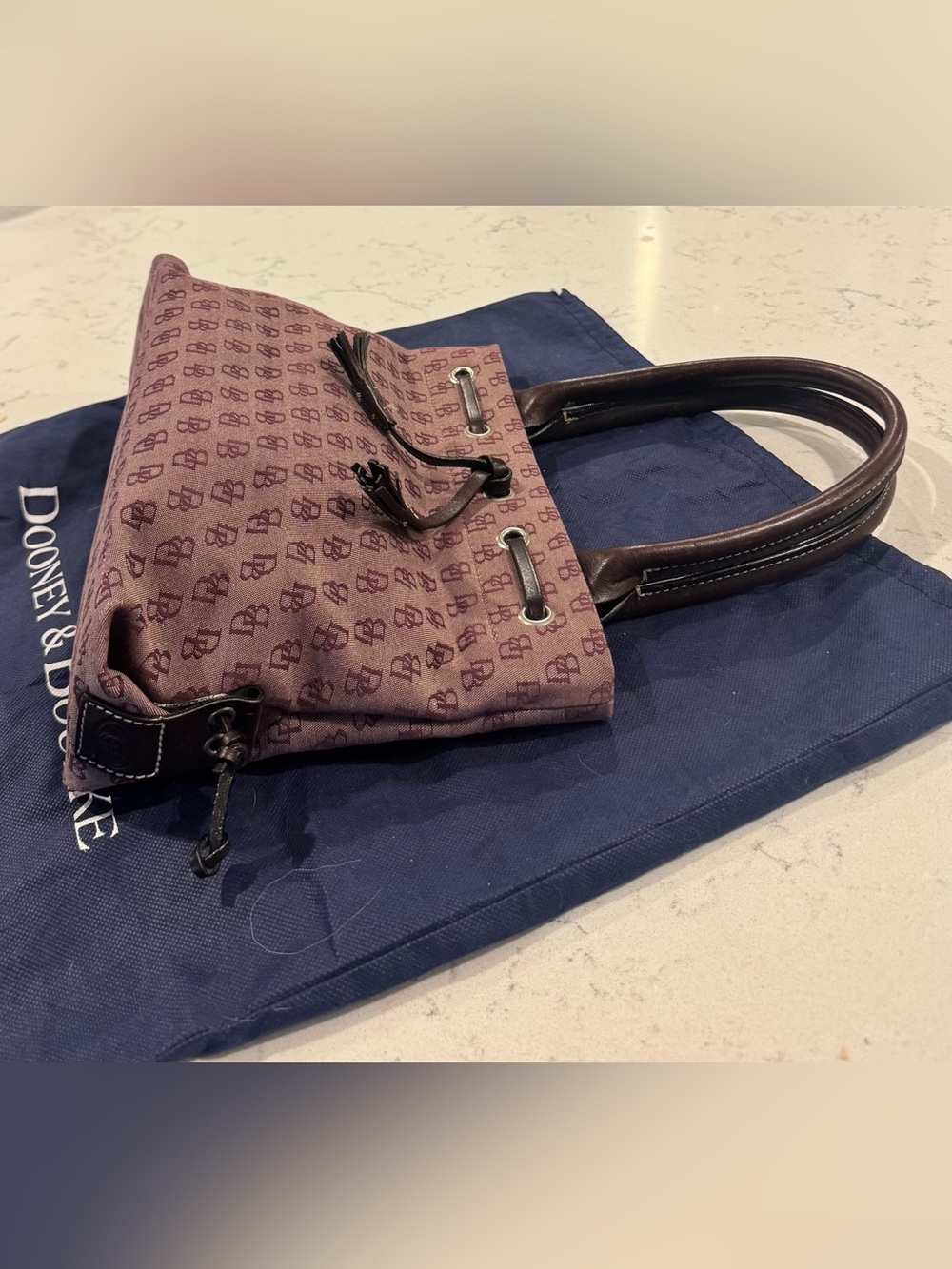 Dooney & Bourke Tassel Tote Bag Purple Signature Canvas Brown Leather - Picture 5 of 11